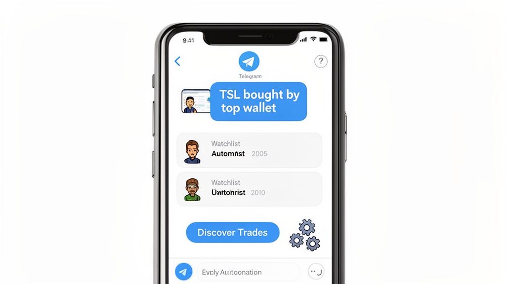 A smartphone displays a Telegram app with a notification 'TSL bought by top wallet' and watchlists.