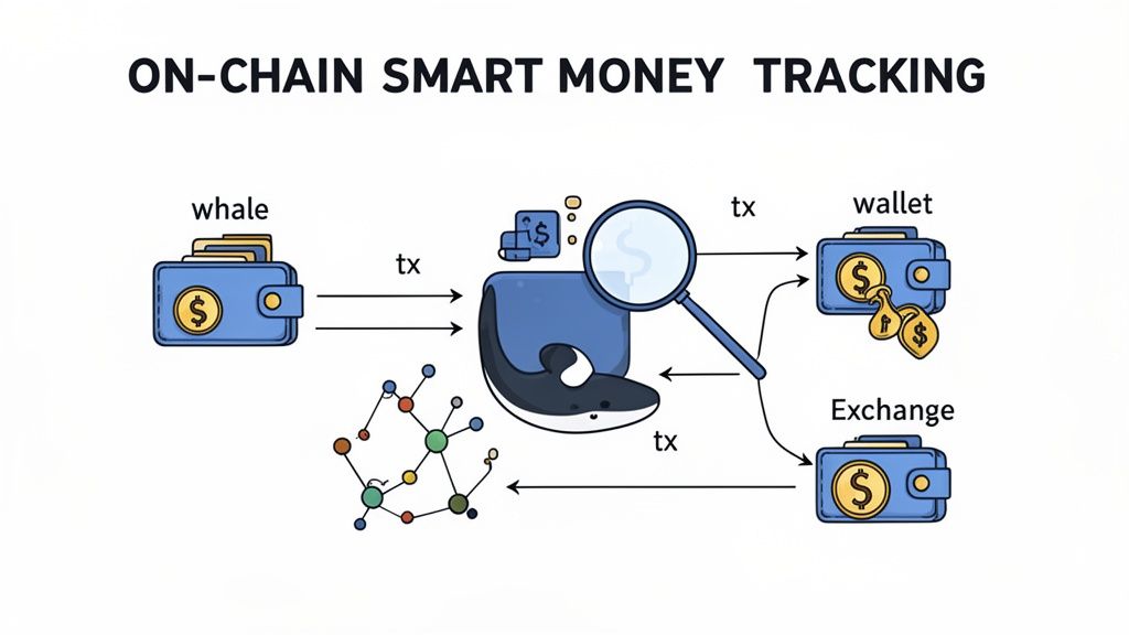 Diagram illustrating on-chain smart money tracking, visualizing whale transactions to wallets and exchanges.