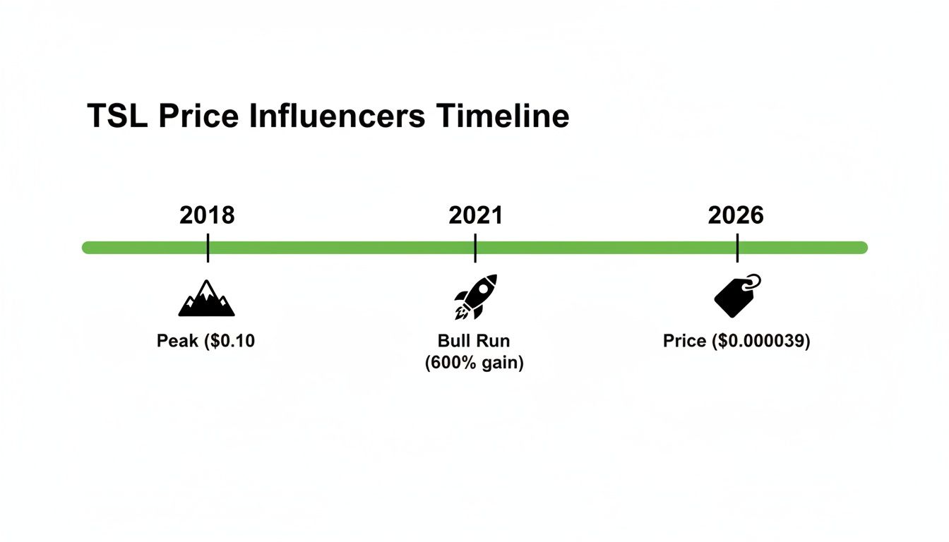A timeline illustrating TSL price influencers and key events from 2018 to 2026.