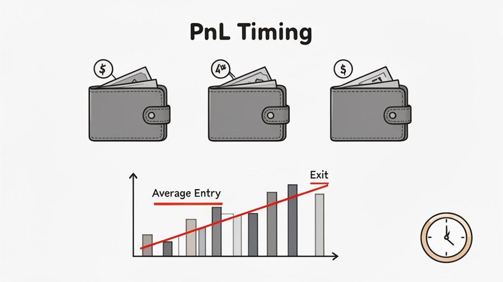 An illustration of PnL timing with wallets, a price chart showing average entry and exit points, and a clock.