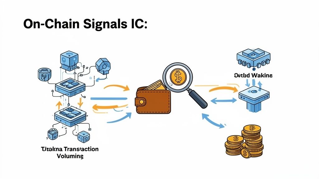 Diagram illustrating on-chain signal analysis, cryptocurrency transactions, a wallet, and digital assets.
