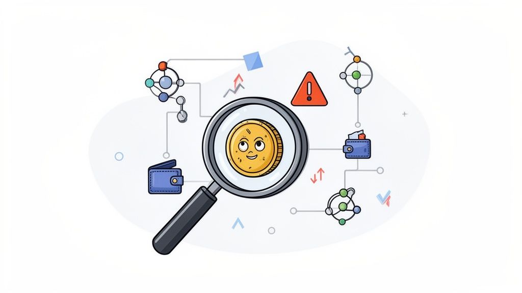 A magnifying glass inspecting a cryptocurrency coin, surrounded by a network of wallets, data points, and an alert, illustrating financial analysis.