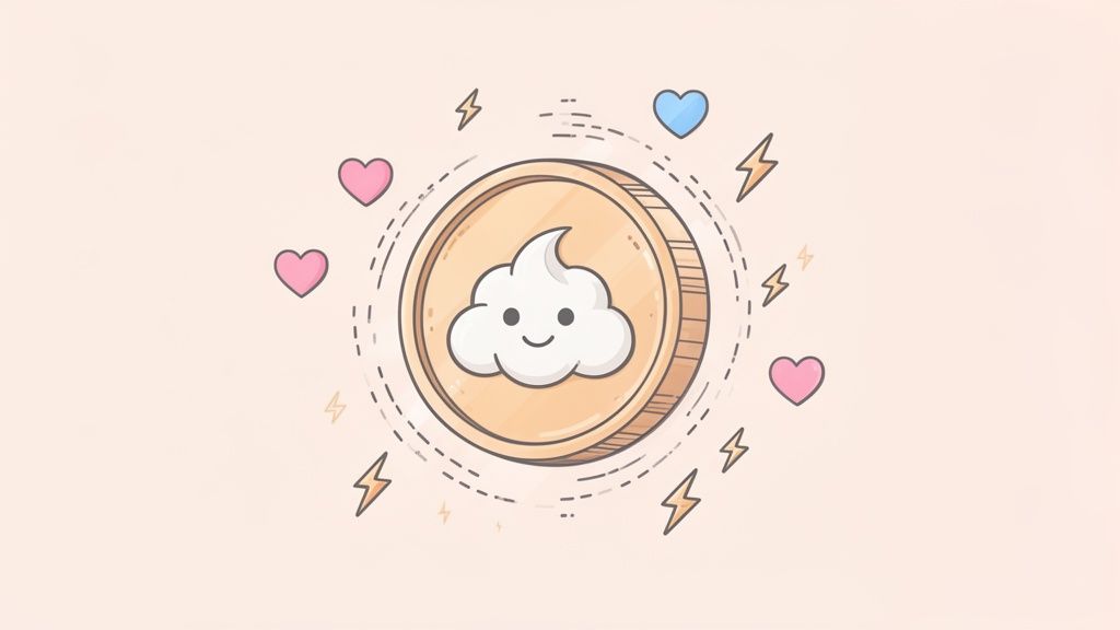 A whimsical illustration of a coin featuring a happy cloud, encircled by hearts and lightning symbols.