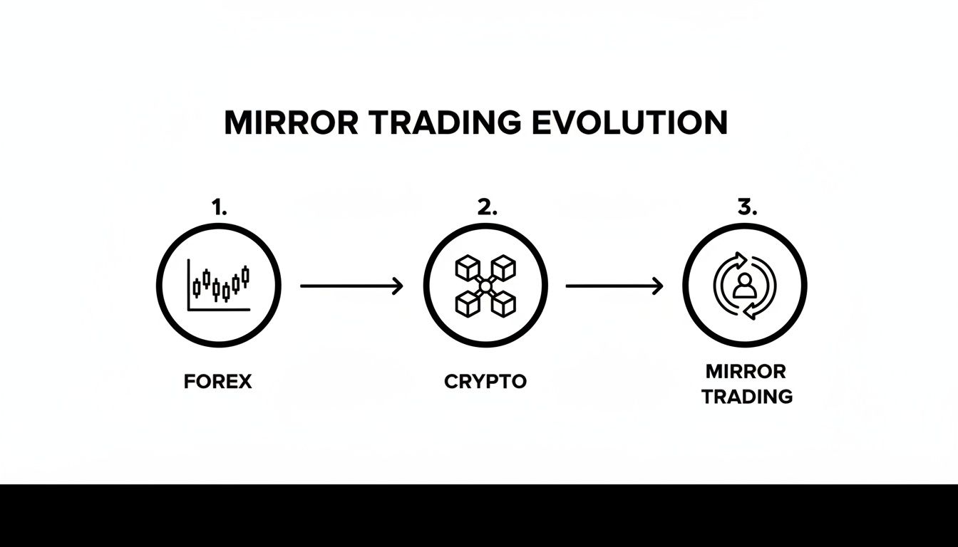 Diagram illustrating the evolution of mirror trading through Forex, Crypto, and its advanced form.