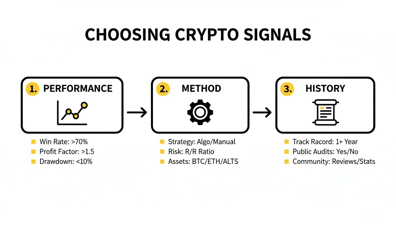 Flowchart outlining three key steps for choosing crypto signals: performance, method, and history criteria.