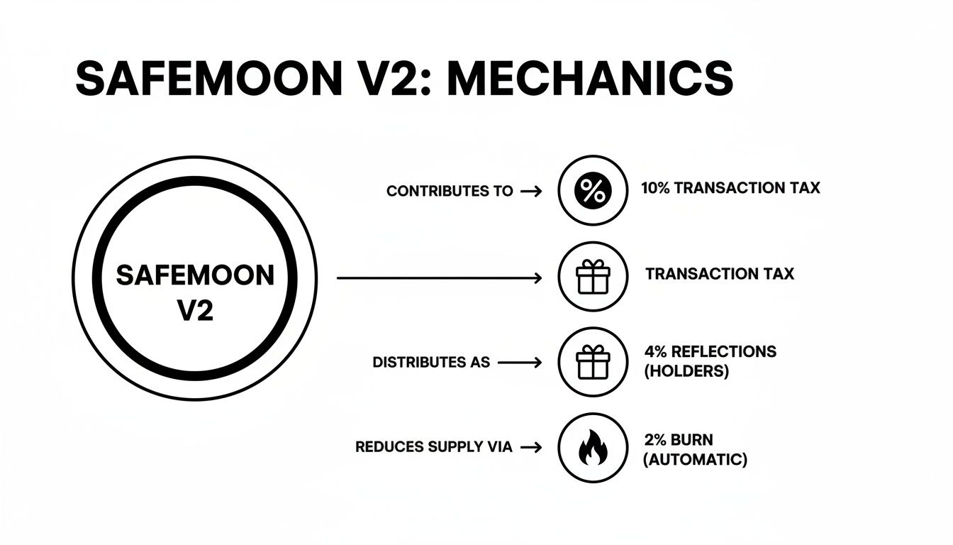 Diagram illustrating Safemoon V2 mechanics: a 10% transaction tax, 4% reflections for holders, and 2% automatic burn.