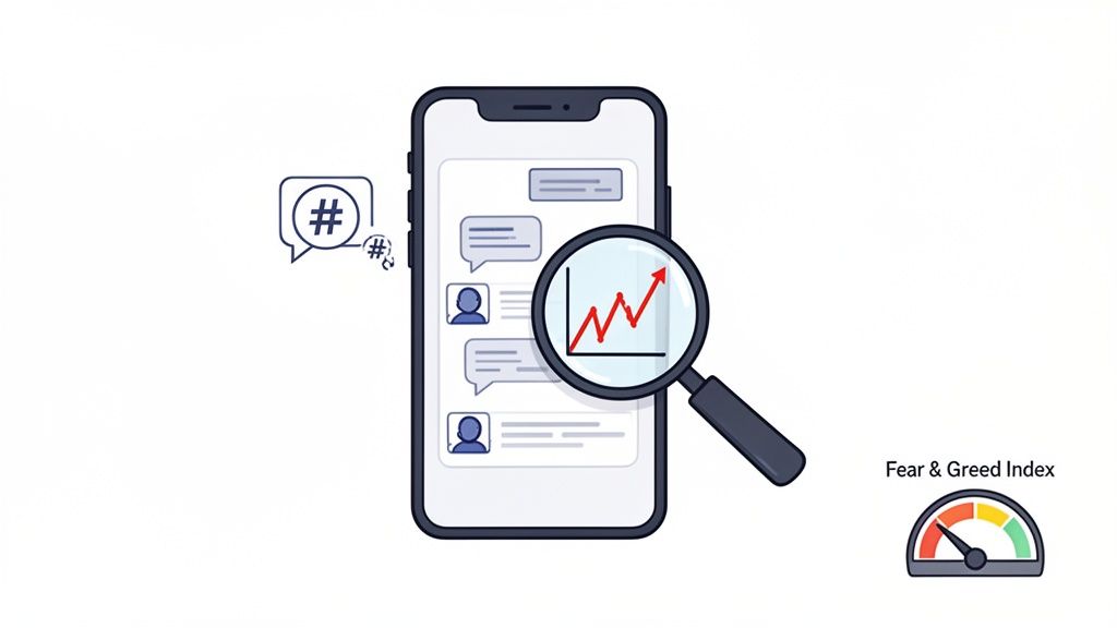 Smartphone displaying chats is analyzed by a magnifying glass showing an upward trend and a Fear & Greed Index.