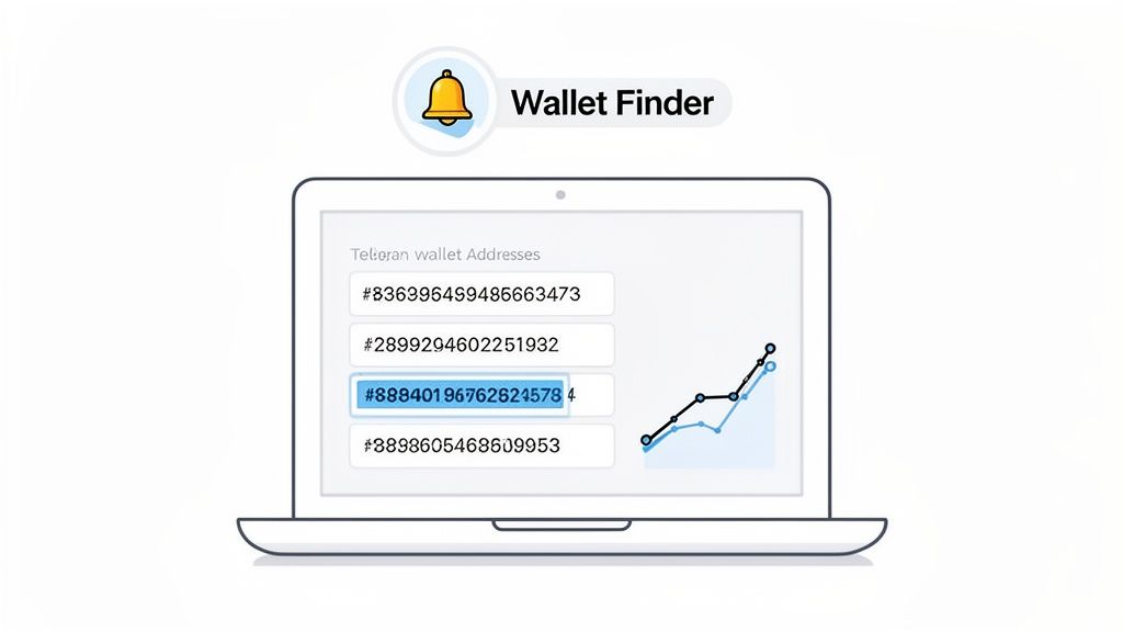 A laptop displays 'Wallet Finder' showing Telegram wallet addresses and a cryptocurrency market sentiment graph.