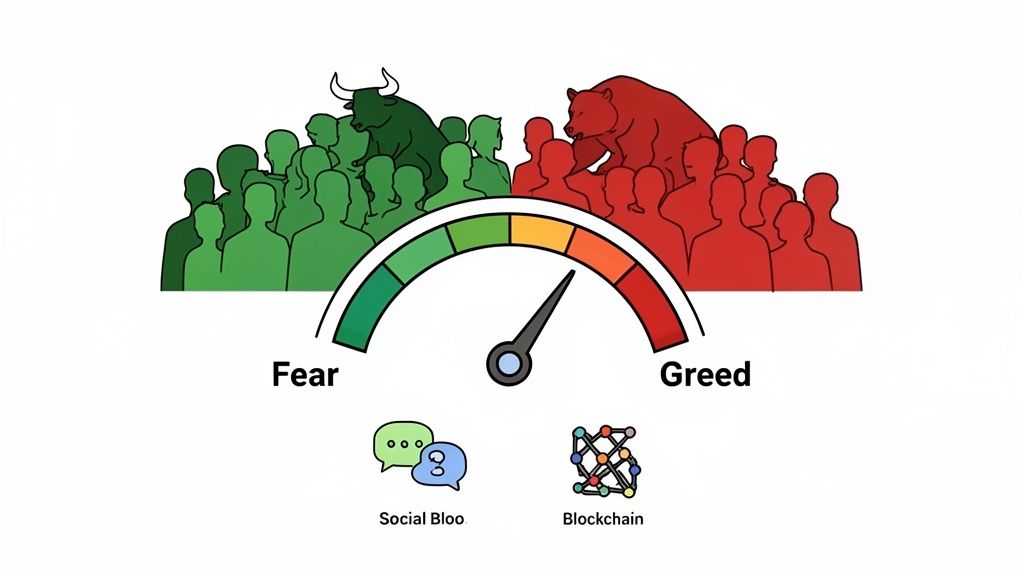 A market sentiment gauge shows a needle pointing towards 'Greed', flanked by 'Fear' (bull) and 'Greed' (bear) indicators.
