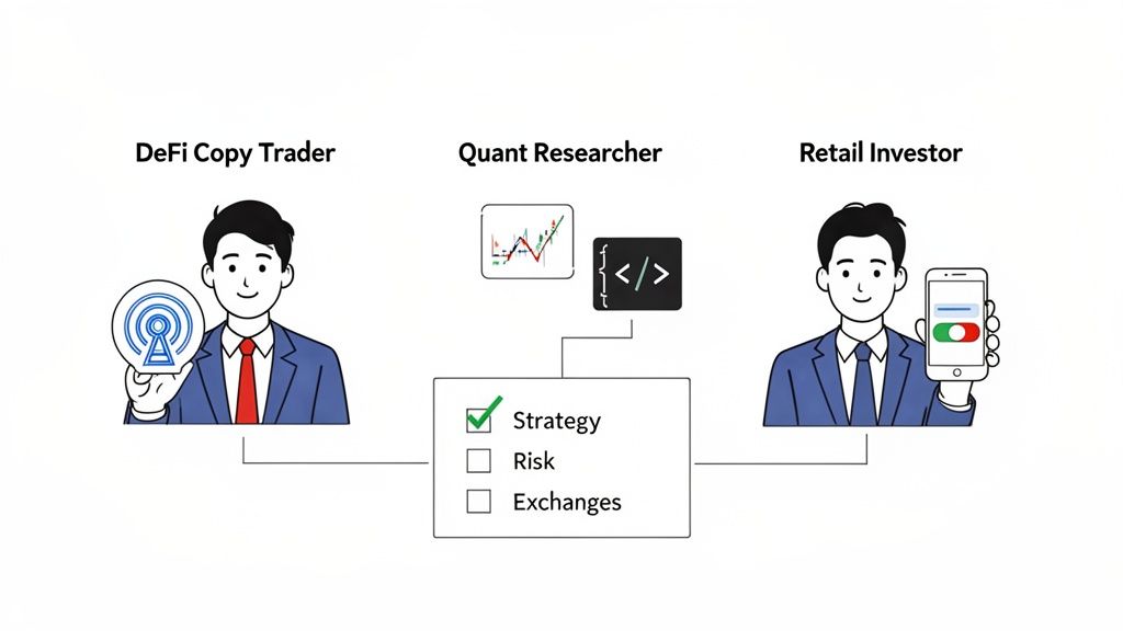Diagram illustrating DeFi copy trader, quant researcher, and retail investor roles in crypto trading.