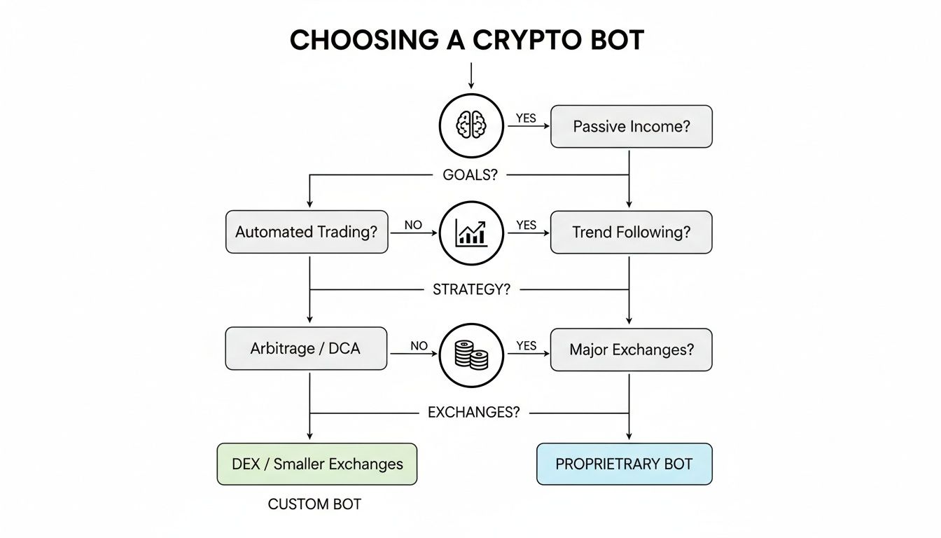 Flowchart illustrating the decision process for choosing a crypto trading bot based on goals, strategies, and exchanges.
