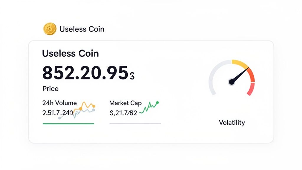 A cryptocurrency dashboard displaying 'Useless Coin' details, including price, 24h volume, market cap, and volatility.