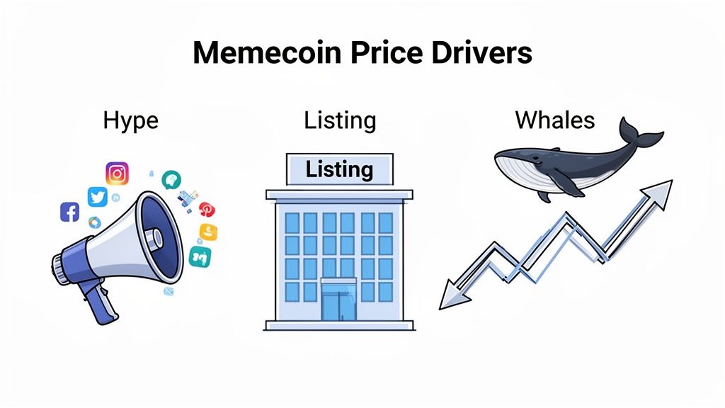 An illustration showing memecoin price drivers: hype via social media, listing on exchanges, and influence from large investors (whales).