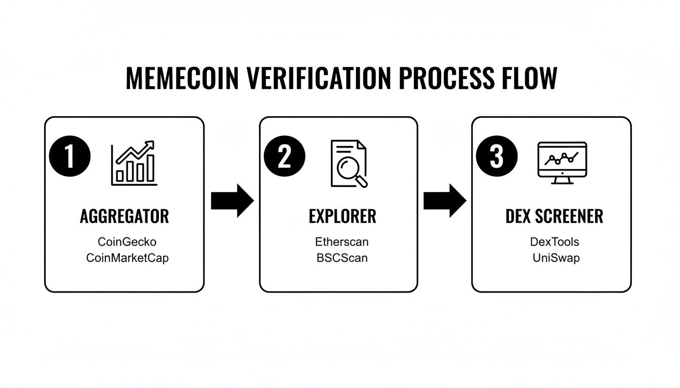 Flowchart illustrating the memecoin verification process through aggregator, explorer, and DEX screener platforms.