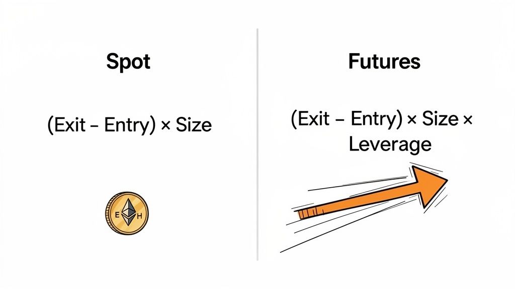Formulas comparing profit calculation for spot trading and futures trading with leverage in cryptocurrency.