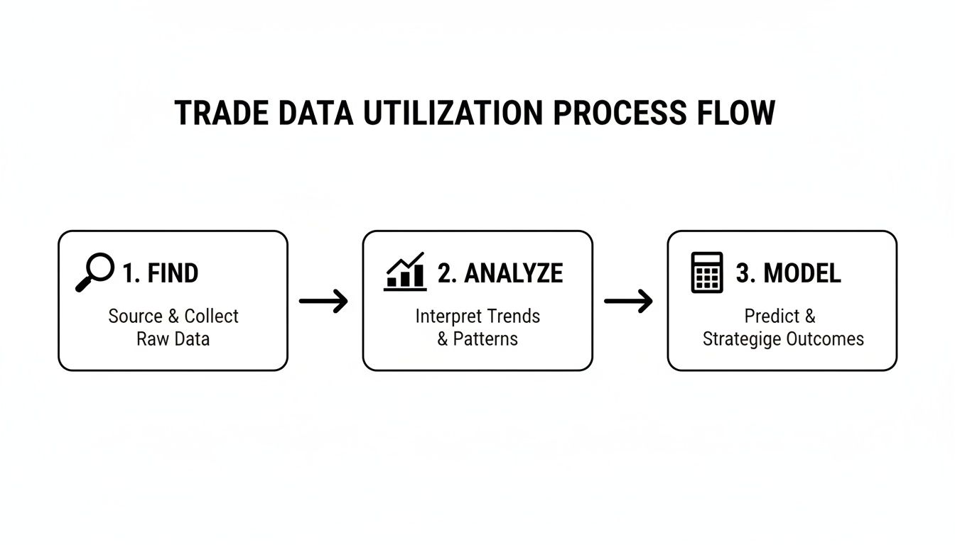 A flow chart illustrating the three-step trade data utilization process: Find, Analyze, and Model.