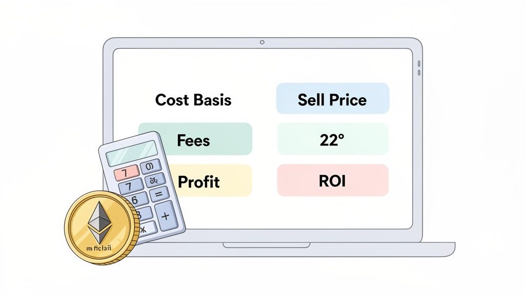 Digital illustration of a laptop, calculator, and Ethereum coin, showing financial terms for crypto profit calculation.