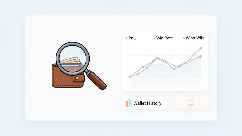 Illustration of a wallet with a magnifying glass, next to a financial performance graph and 'Wallet History' button.