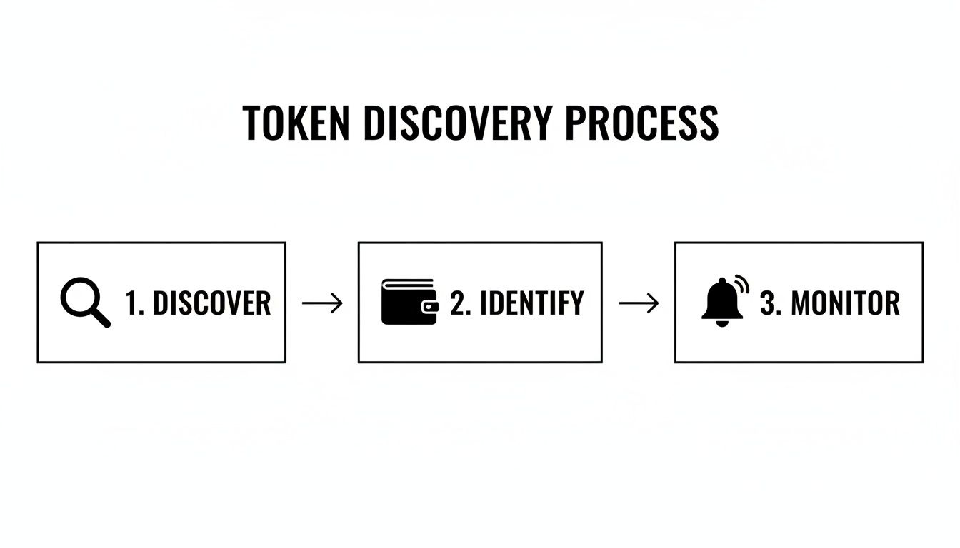 A diagram illustrating the token discovery process in three steps: discover, identify, and monitor.