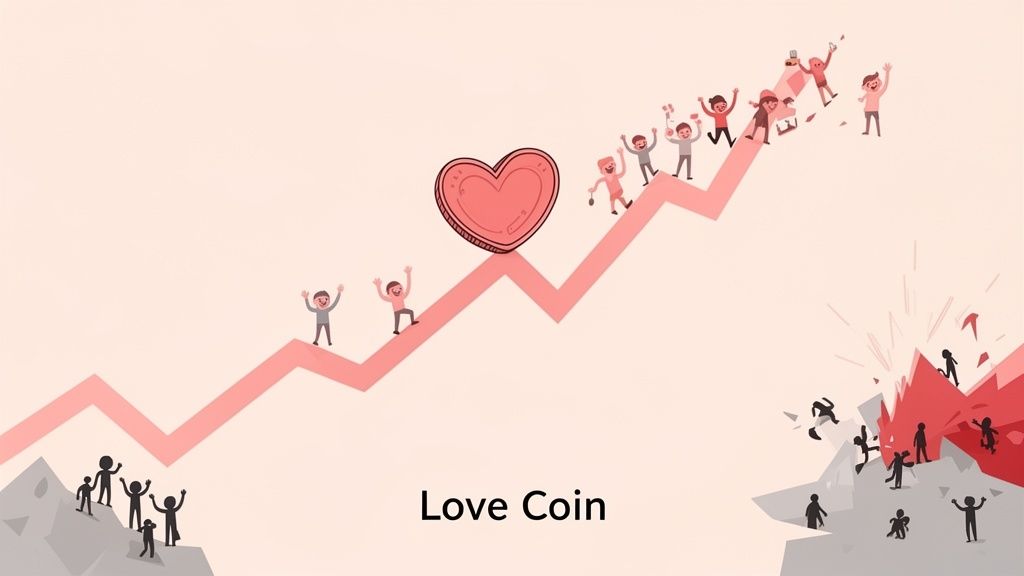 Illustration of 'Love Coin' market trend, with people riding a rising graph and others falling.
