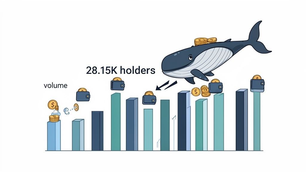 A cartoon whale interacts with cryptocurrency wallets on a volume bar chart, showing 28.15K holders.