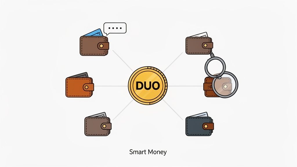 An illustration showing a central golden DUO coin connected to six diverse wallets, representing Smart Money.