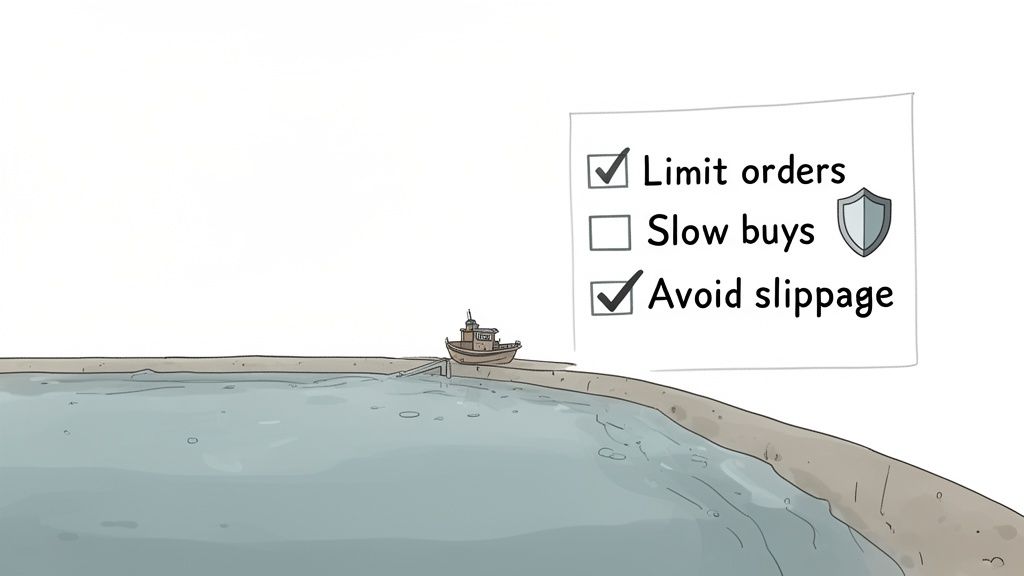 Illustration of a boat by a dock and a checklist on trading: limit orders, slow buys, avoid slippage.