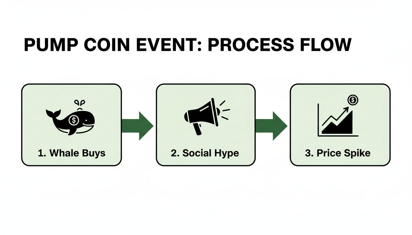 Flowchart detailing the pump coin event process: whale buying, social hype, and price spiking.