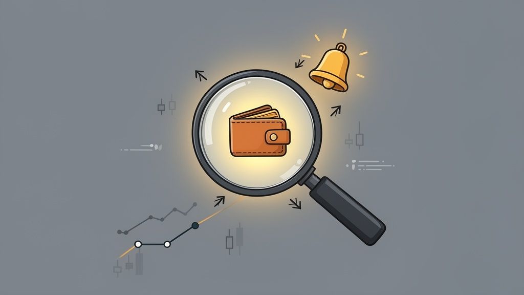 A magnifying glass examines a brown wallet, with a glowing bell above, and financial charts in the background.