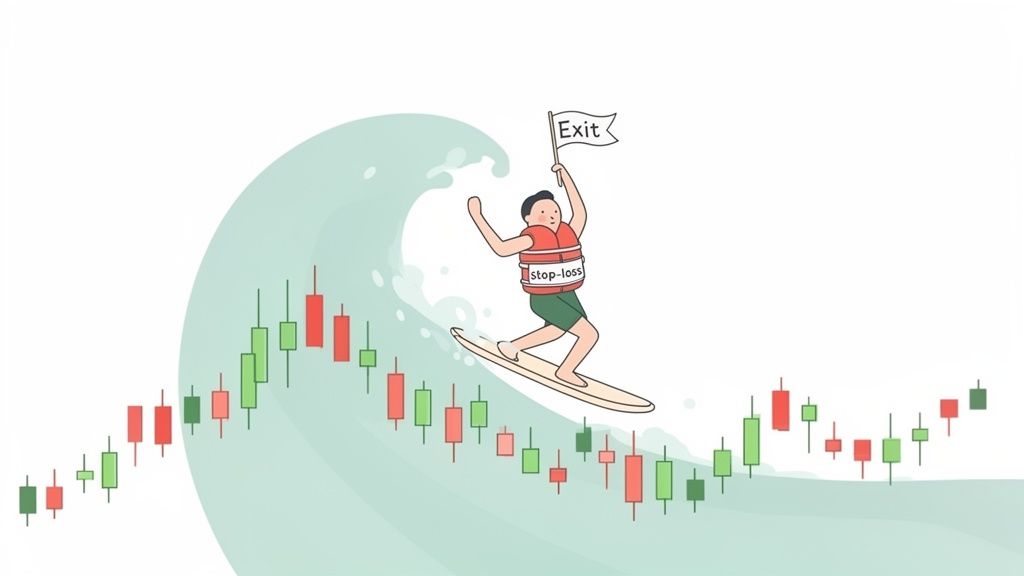 A person surfs a financial candlestick chart wave, wearing a stop-loss vest and holding an Exit flag.