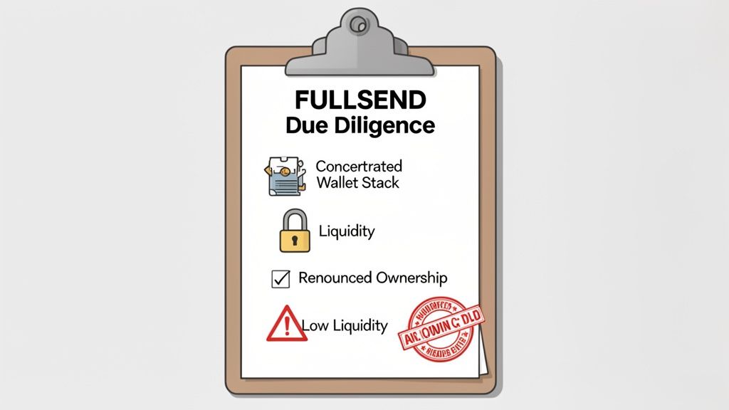 A clipboard showing 'FULLSEND Due Diligence' with checklist items like wallet stack, liquidity, and ownership.