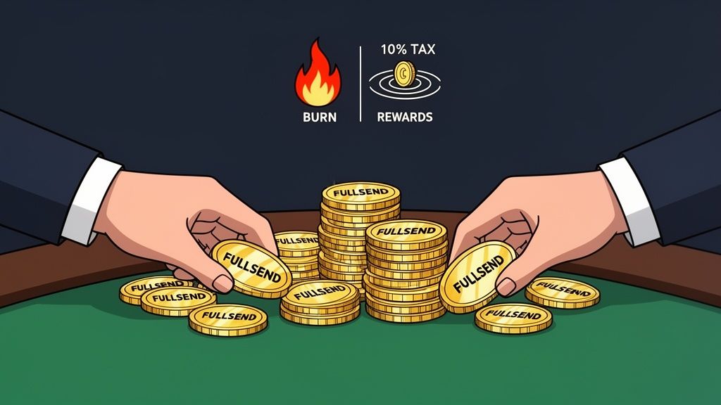 Hands pushing stacks of 'FULLSEND' coins on a green table, with burn and rewards icons.