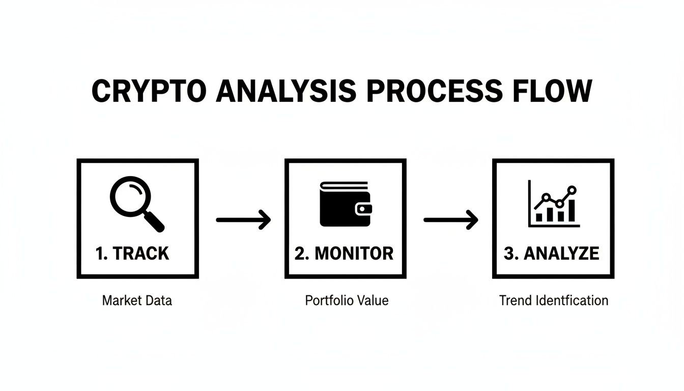 A crypto analysis process flow with three steps: Track Market Data, Monitor Portfolio, Analyze Trends.