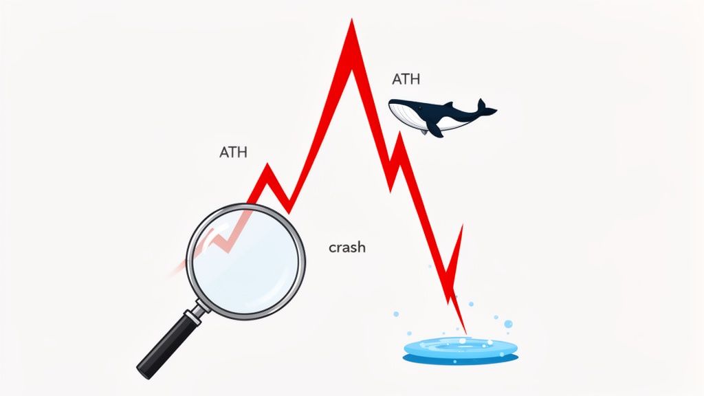 Red line market graph showing ATH peaks, a whale, magnifying glass, and a sharp crash.