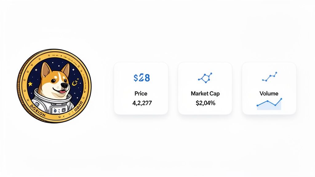 A Diceion cryptocurrency coin featuring an astronaut dog, alongside cards showing its price, market cap, and volume.