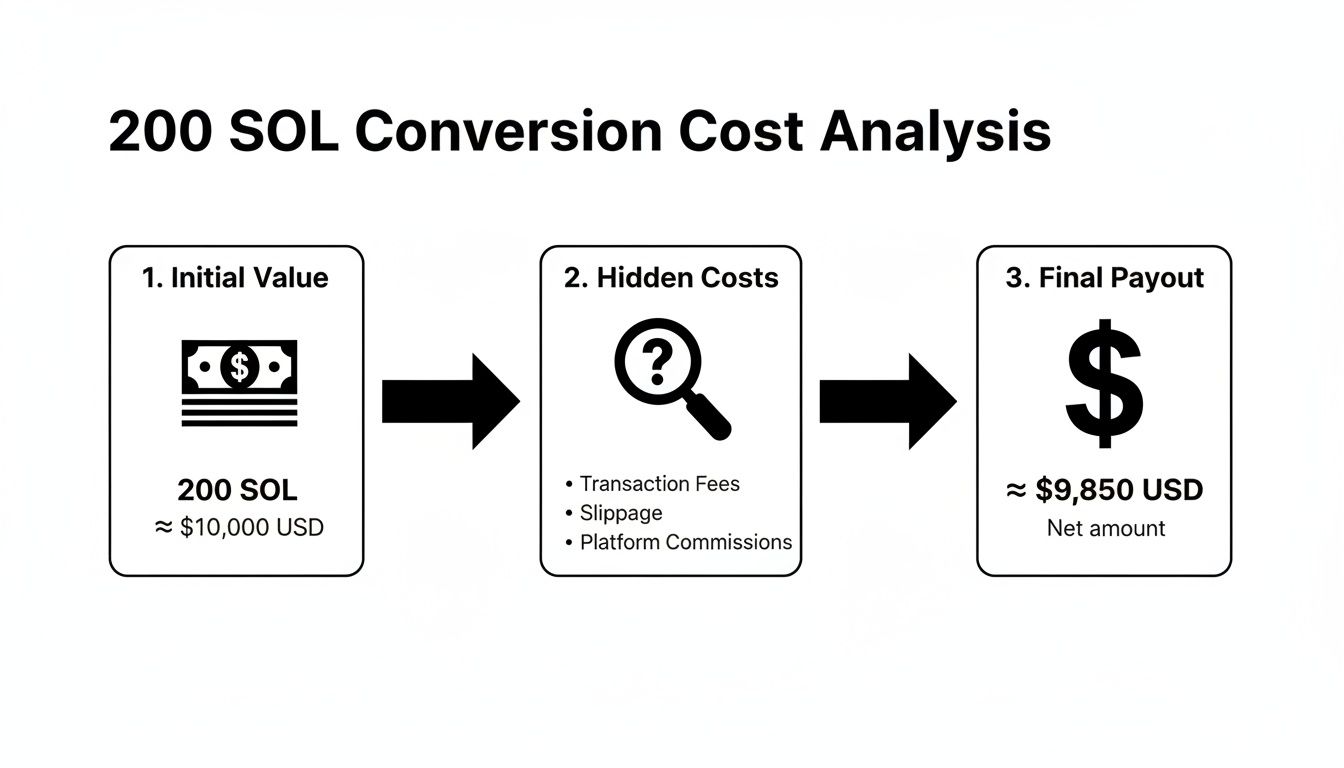 Visual analysis of converting 200 SOL ($10,000) to $9,850 USD, including transaction fees and hidden costs.