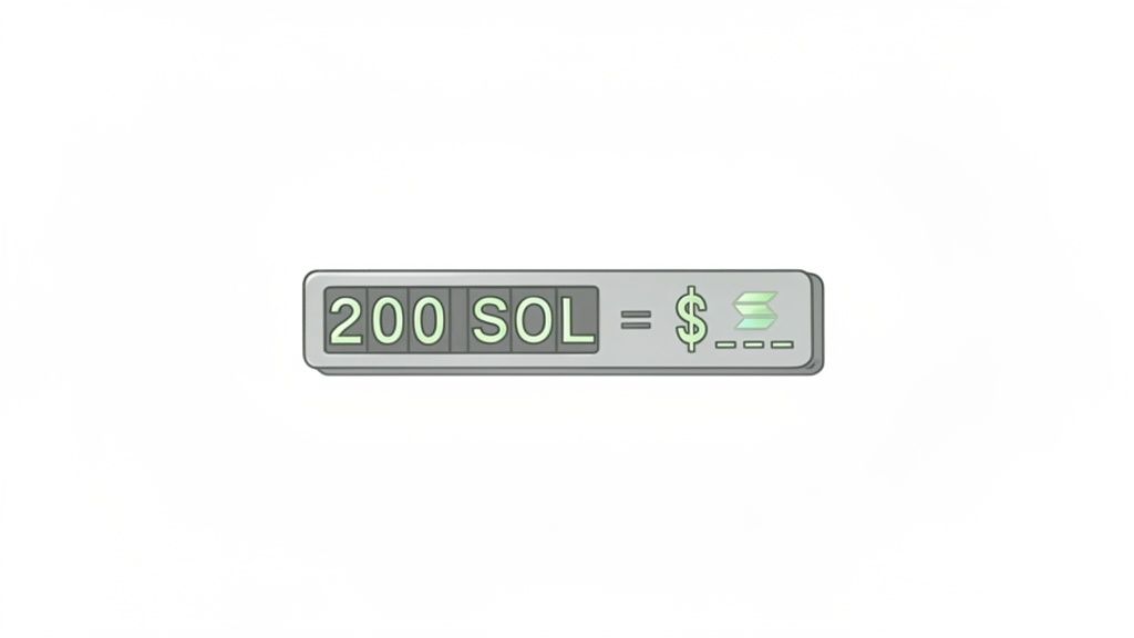 A digital display shows '200 SOL = $___' with the Solana logo, representing a cryptocurrency conversion.