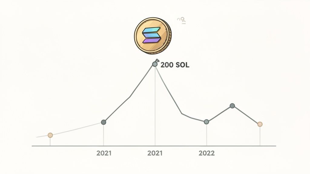 A line graph illustrating Solana (SOL) cryptocurrency value over time, peaking at 200 SOL in 2021.
