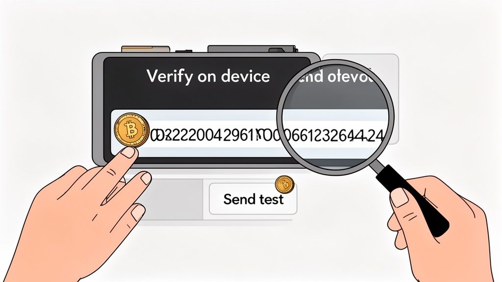 Hands verifying a Bitcoin transaction on a hardware wallet device with a magnifying glass.