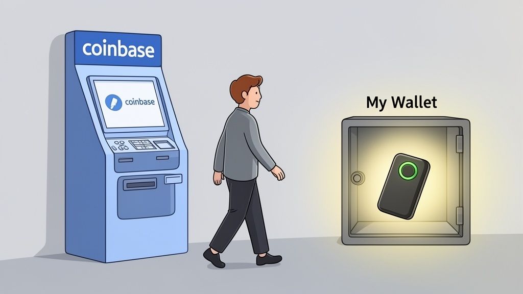 A person walks past a Coinbase ATM towards an open safe containing a crypto hardware wallet labelled 'My Wallet'.