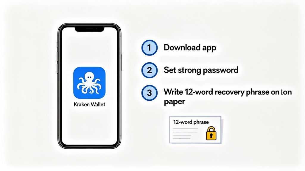 Kraken Wallet app on a phone with steps: download, set strong password, and write 12-word recovery phrase.