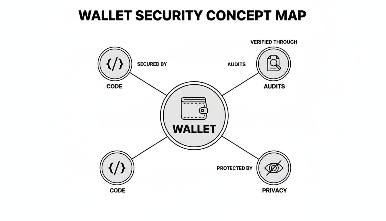 A concept map illustrating wallet security, highlighting protection by code, privacy, and verification through audits.