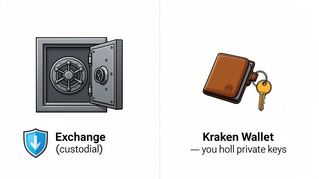 Comparison showing a safe for a custodial exchange and a Kraken Wallet with keys for self-custody.