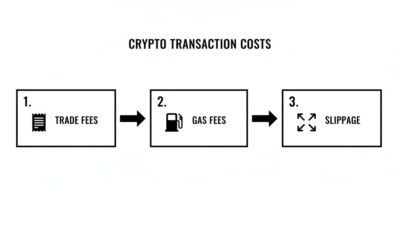 Flowchart illustrating crypto transaction costs, detailing trade fees, gas fees, and slippage.