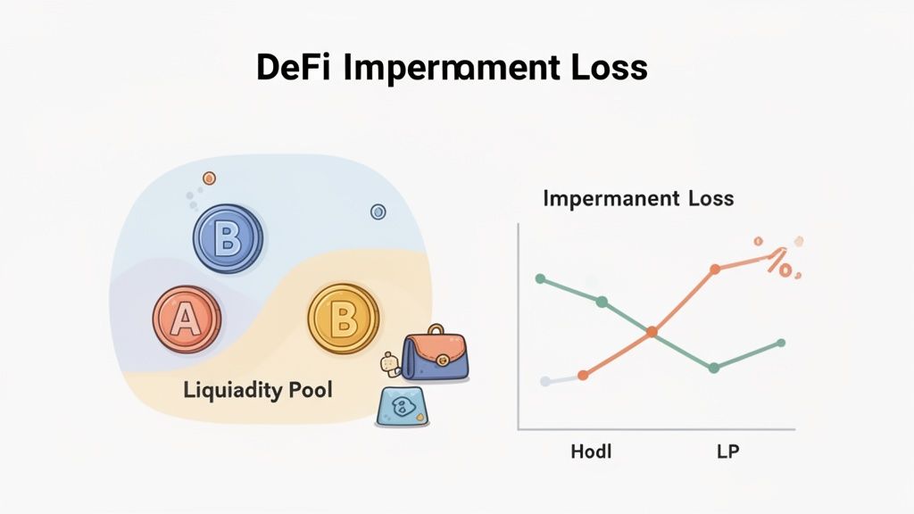 Visual explanation of DeFi impermanent loss, featuring a token liquidity pool and a comparison graph.