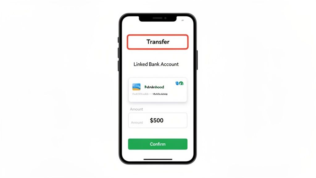 A smartphone displays the Robinhood app's transfer screen, showing a $500 transfer to a linked bank account.