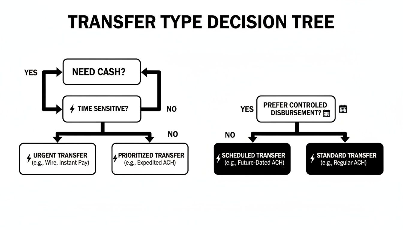 A flowchart decision tree outlining different money transfer types based on cash need, time sensitivity, and disbursement control.