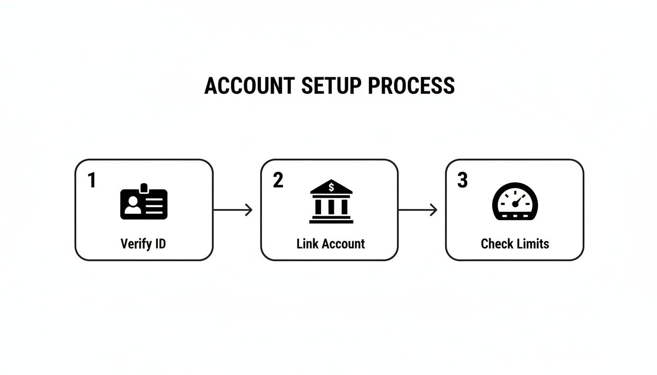 A visual guide to the account setup process, detailing three steps: Verify ID, Link Account, and Check Limits.