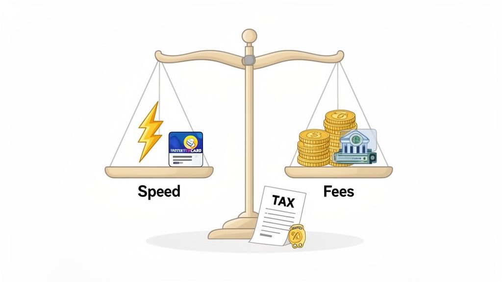 A balance scale illustrating the trade-off between transaction speed (lightning, card) and associated fees (coins, bank, tax).