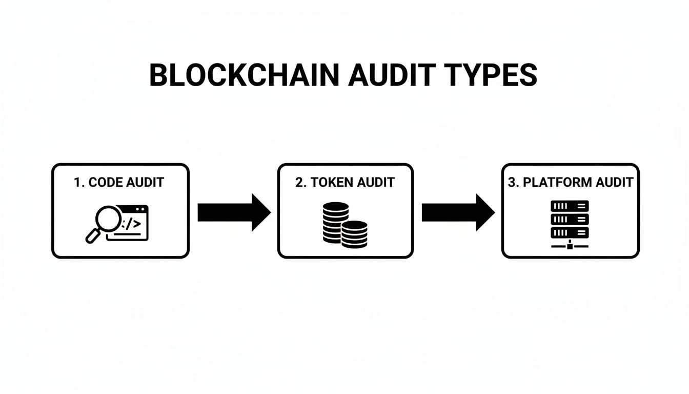 A diagram illustrating the three main types of blockchain audits: code, token, and platform.